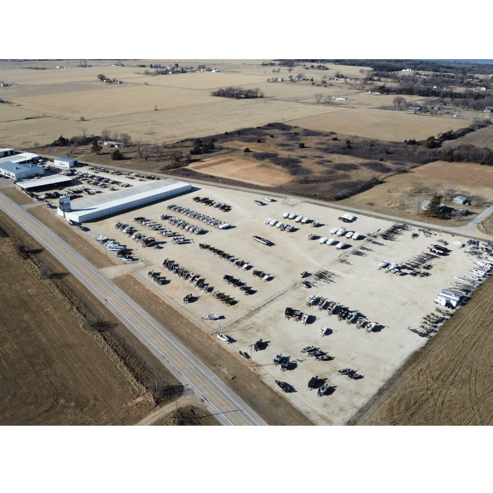 Aerial view of the boat and RV storage lot at Blackbeard Marine in Kingston, OK