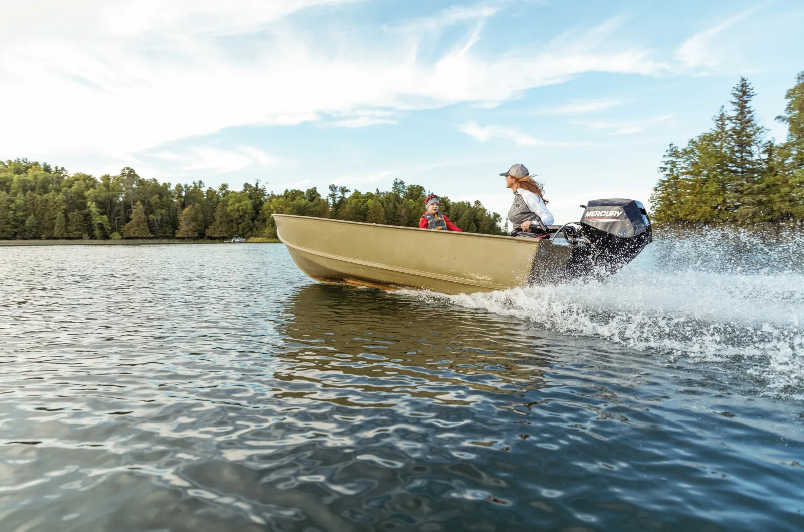 Aluminum boat powered by a Mercury FourStroke outboard